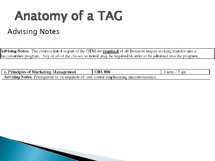 Anatomy of a TAG Advising Notes 