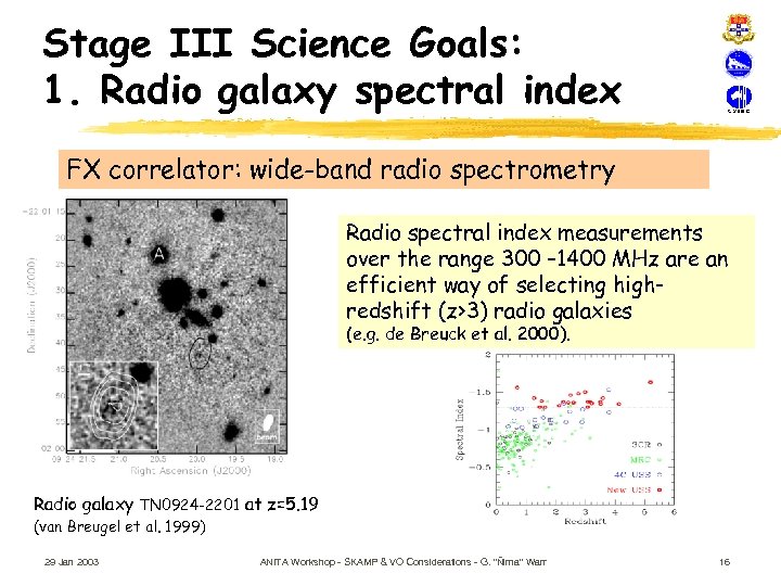 Stage III Science Goals: 1. Radio galaxy spectral index FX correlator: wide-band radio spectrometry