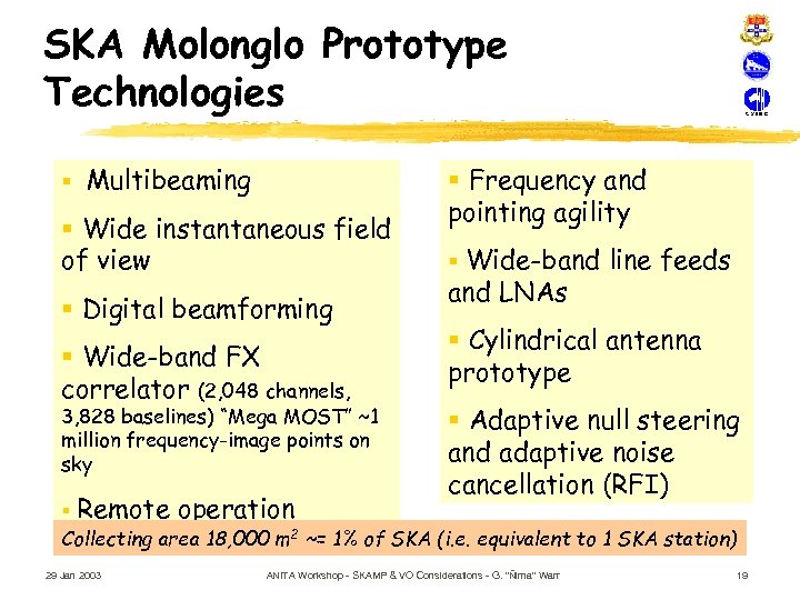 SKA Molonglo Prototype Technologies § Multibeaming § Wide instantaneous field of view § Digital