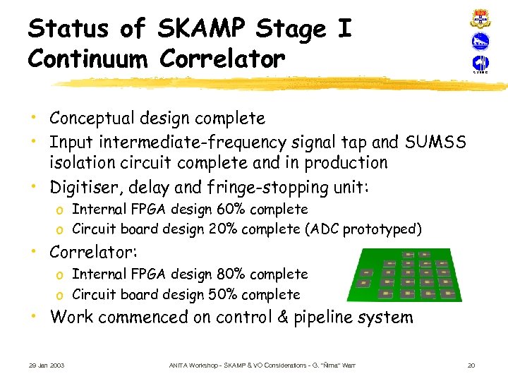 Status of SKAMP Stage I Continuum Correlator • Conceptual design complete • Input intermediate-frequency