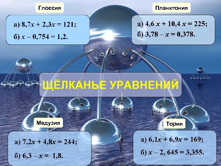 Глоссия Планктония а) 4, 6 x + 10, 4 x = 225; б) 3,