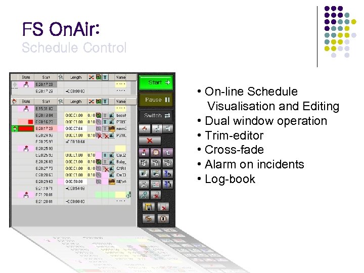 FS On. Air: Schedule Control • On-line Schedule Visualisation and Editing • Dual window