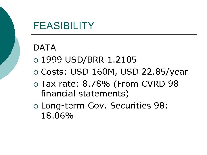 FEASIBILITY DATA ¡ 1999 USD/BRR 1. 2105 ¡ Costs: USD 160 M, USD 22.