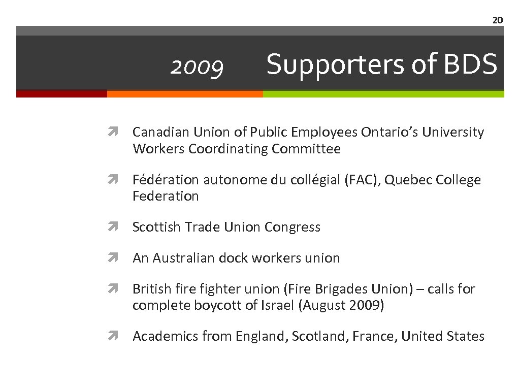 20 2009 Supporters of BDS Canadian Union of Public Employees Ontario’s University Workers Coordinating