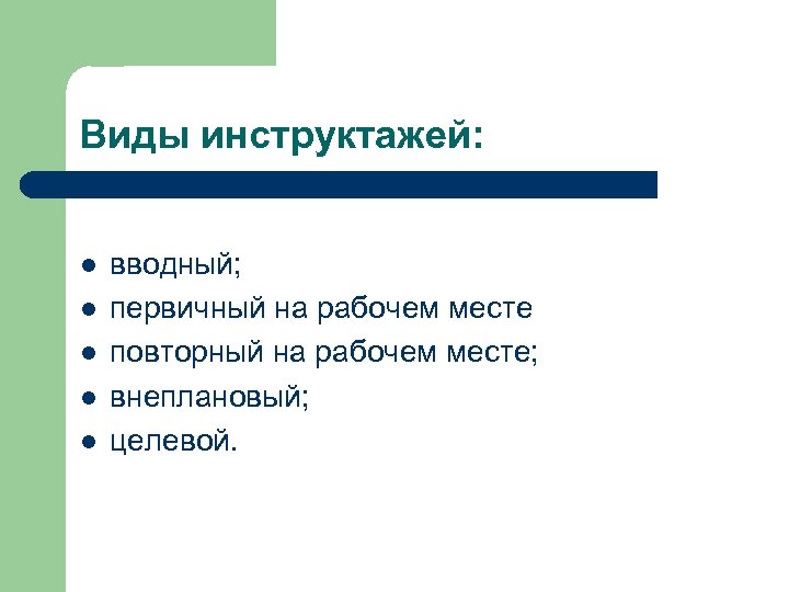 Виды инструктажей: l l l вводный; первичный на рабочем месте повторный на рабочем месте;