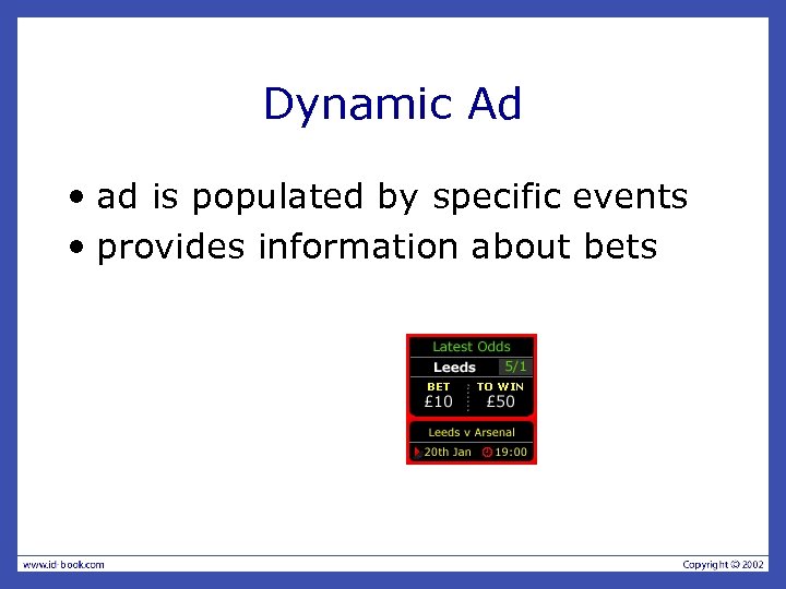 Dynamic Ad • ad is populated by specific events • provides information about bets