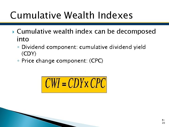 Cumulative Wealth Indexes Cumulative wealth index can be decomposed into ◦ Dividend component: cumulative