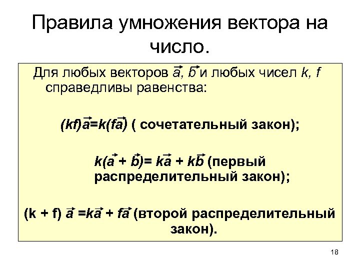 Правила умножения вектора на число. Для любых векторов а, b и любых чисел k,