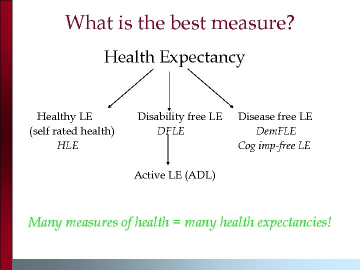 What is the best measure? Health Expectancy Healthy LE (self rated health) HLE Disability