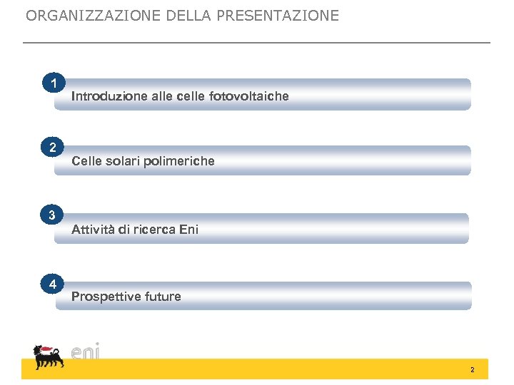 ORGANIZZAZIONE DELLA PRESENTAZIONE B 1 2 Introduzione alle celle fotovoltaiche Celle solari polimeriche 3