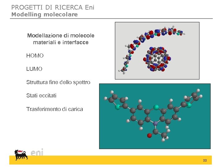PROGETTI DI RICERCA Eni Modelling molecolare Modellazione di molecole materiali e interfacce HOMO LUMO