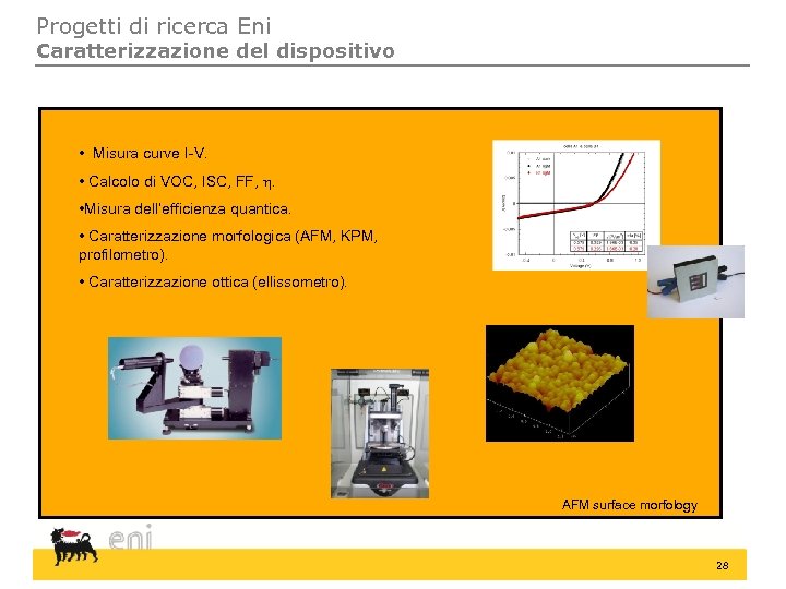 Progetti di ricerca Eni Caratterizzazione del dispositivo • Misura curve I-V. • Calcolo di