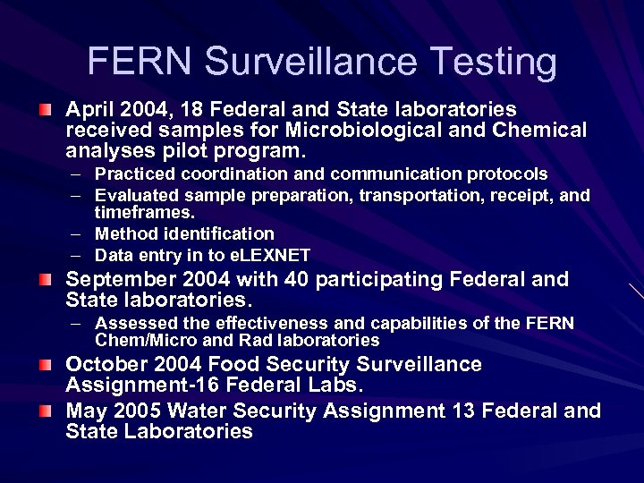 FERN Surveillance Testing April 2004, 18 Federal and State laboratories received samples for Microbiological