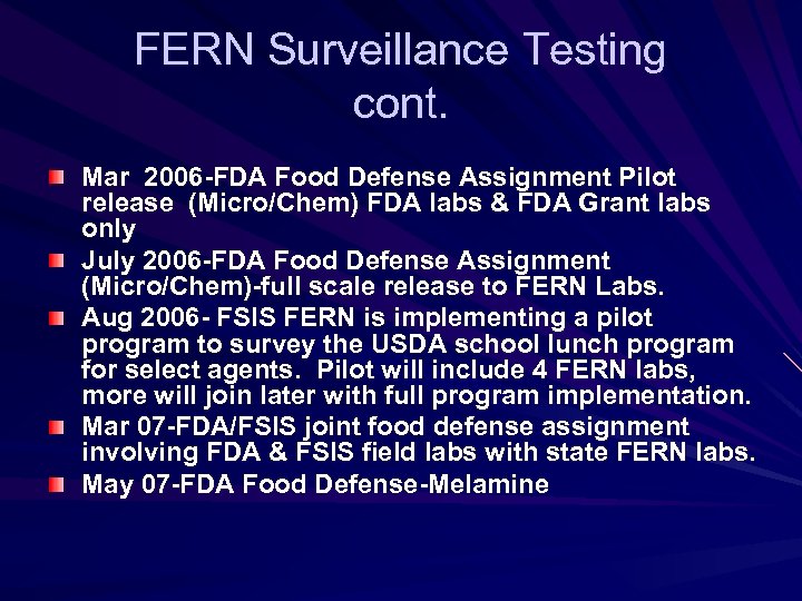 FERN Surveillance Testing cont. Mar 2006 -FDA Food Defense Assignment Pilot release (Micro/Chem) FDA