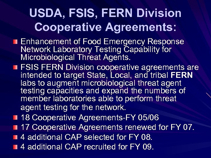 USDA, FSIS, FERN Division Cooperative Agreements: Enhancement of Food Emergency Response Network Laboratory Testing