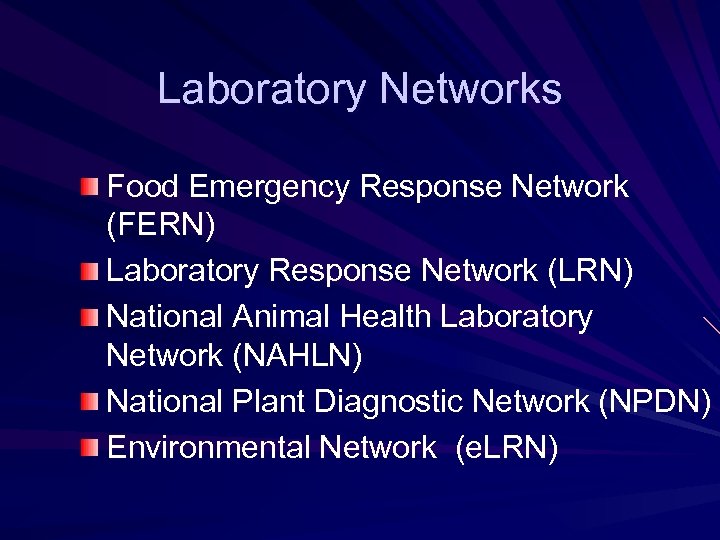 Laboratory Networks Food Emergency Response Network (FERN) Laboratory Response Network (LRN) National Animal Health