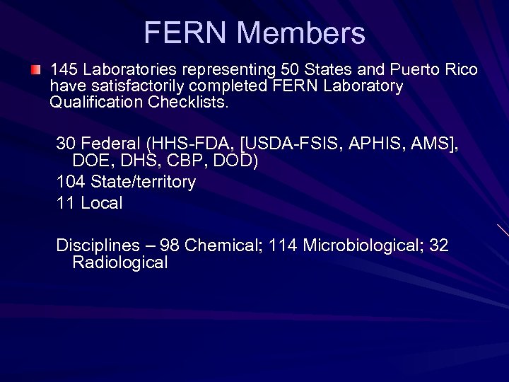 FERN Members 145 Laboratories representing 50 States and Puerto Rico have satisfactorily completed FERN