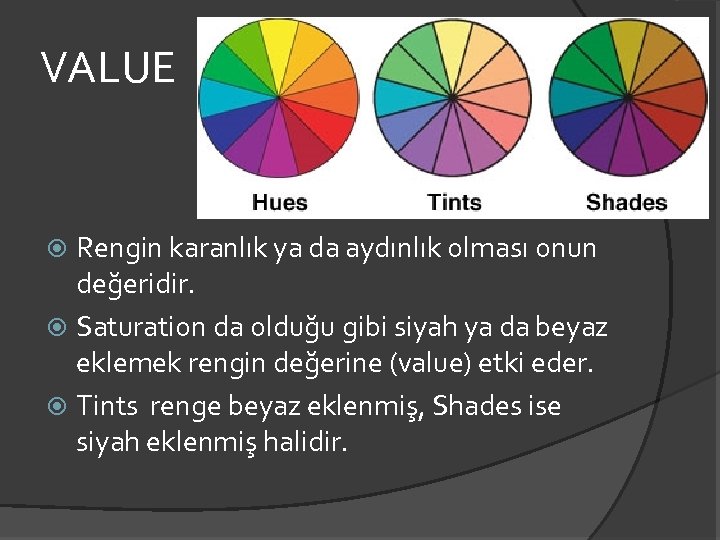 VALUE Rengin karanlık ya da aydınlık olması onun değeridir. Saturation da olduğu gibi siyah