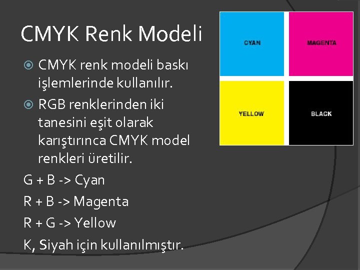 CMYK Renk Modeli CMYK renk modeli baskı işlemlerinde kullanılır. RGB renklerinden iki tanesini eşit