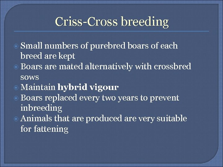 Criss-Cross breeding Small numbers of purebred boars of each breed are kept Boars are