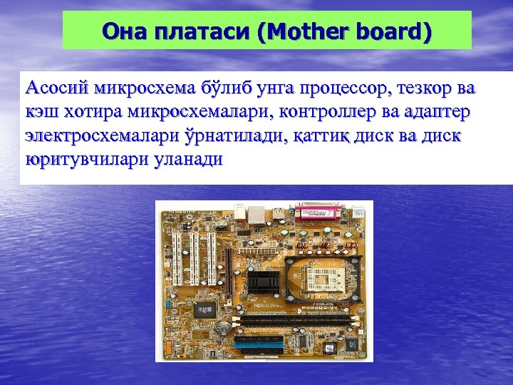 Она платаси (Mother board) Асосий микросхема бўлиб унга процессор, тезкор ва кэш хотира микросхемалари,