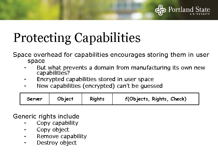 Protecting Capabilities Space overhead for capabilities encourages storing them in user space - -
