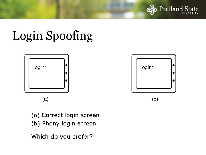 Login Spoofing (a) Correct login screen (b) Phony login screen Which do you prefer?