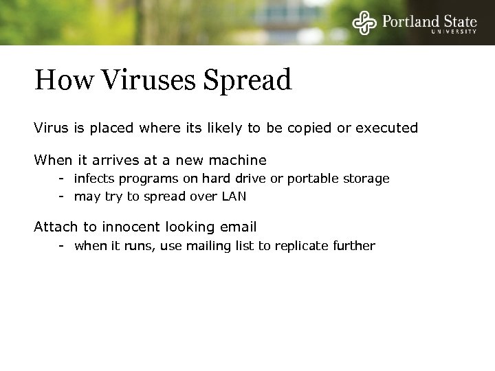 How Viruses Spread Virus is placed where its likely to be copied or executed