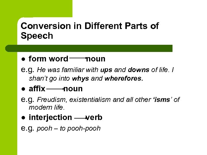 Conversion in Different Parts of Speech form word noun e. g. He was familiar