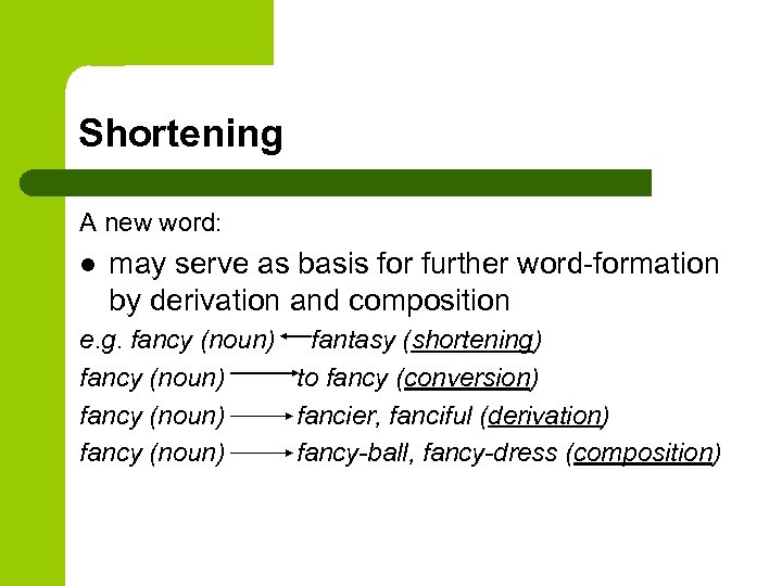 Shortening A new word: l may serve as basis for further word-formation by derivation