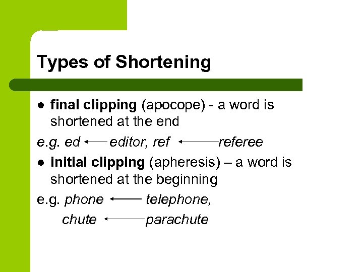 Types of Shortening final clipping (apocope) - a word is shortened at the end