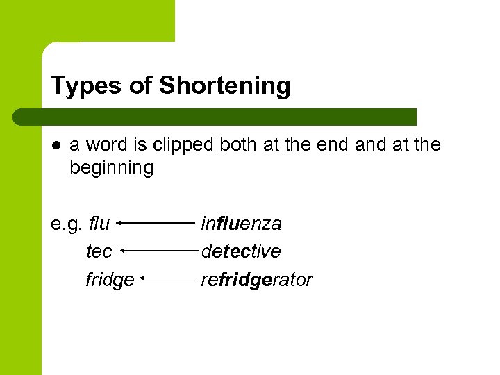 Types of Shortening l a word is clipped both at the end at the