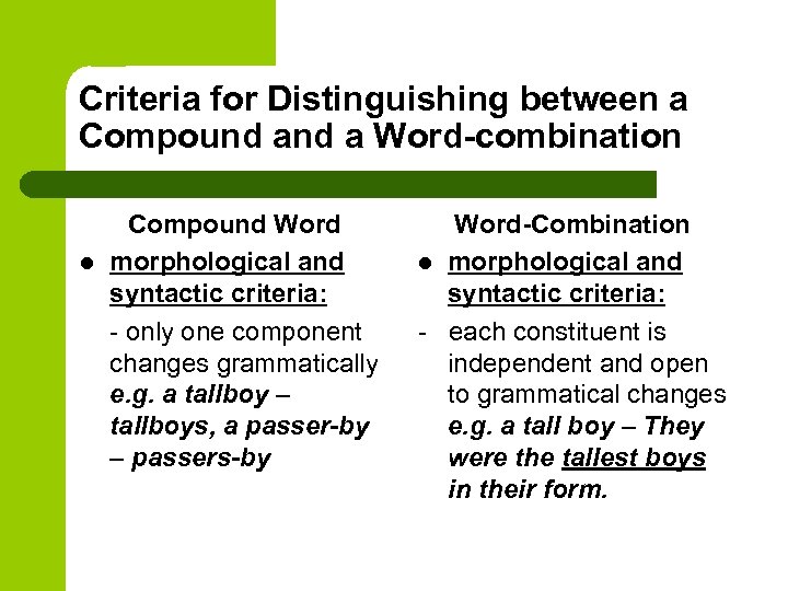 Criteria for Distinguishing between a Compound a Word-combination l Compound Word morphological and syntactic