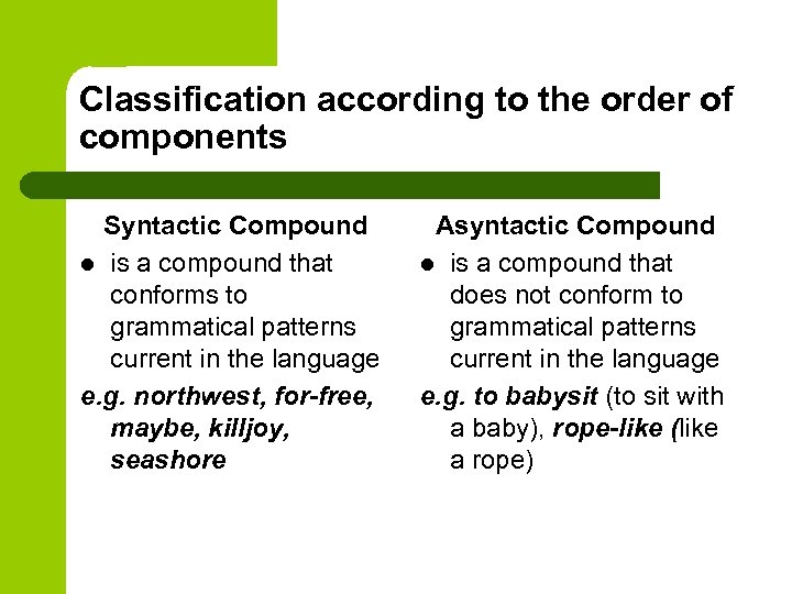 Classification according to the order of components Syntactic Compound l is a compound that