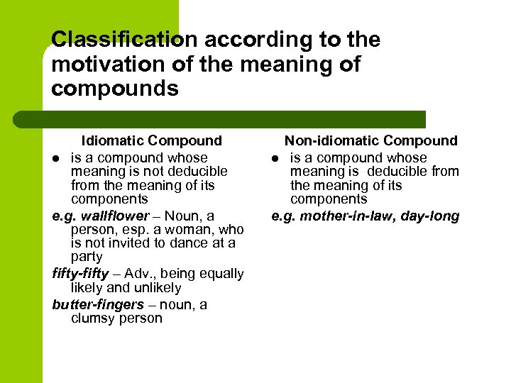 Classification according to the motivation of the meaning of compounds Idiomatic Compound l is