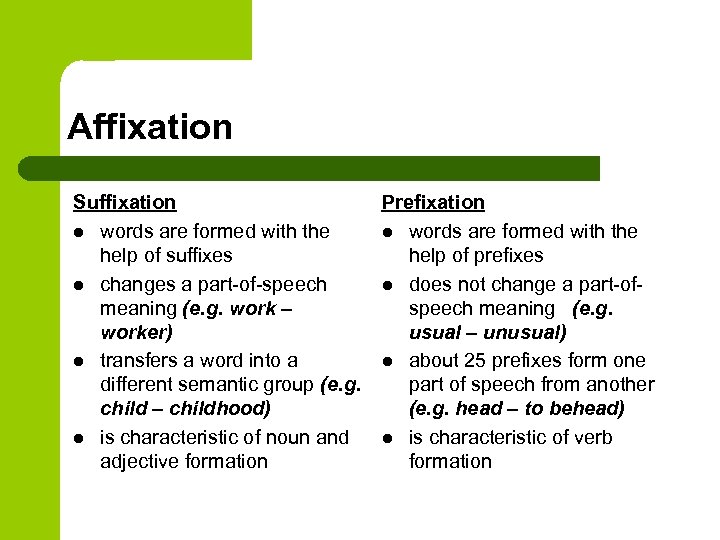 Affixation Suffixation l words are formed with the help of suffixes l changes a