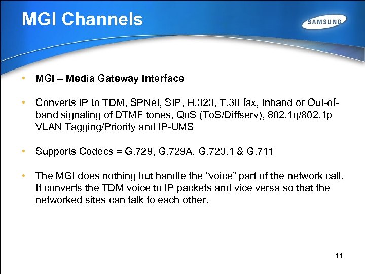 MGI Channels • MGI – Media Gateway Interface • Converts IP to TDM, SPNet,