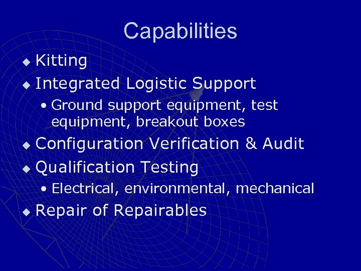 Capabilities Kitting u Integrated Logistic Support u • Ground support equipment, test equipment, breakout