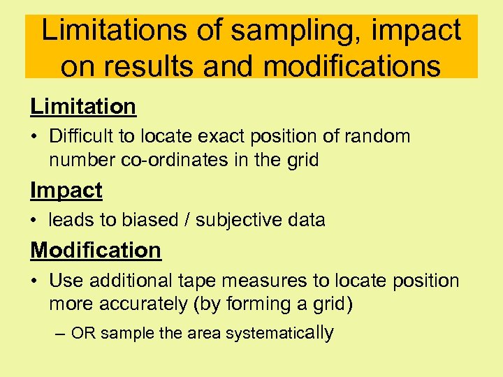 Limitations of sampling, impact on results and modifications Limitation • Difficult to locate exact