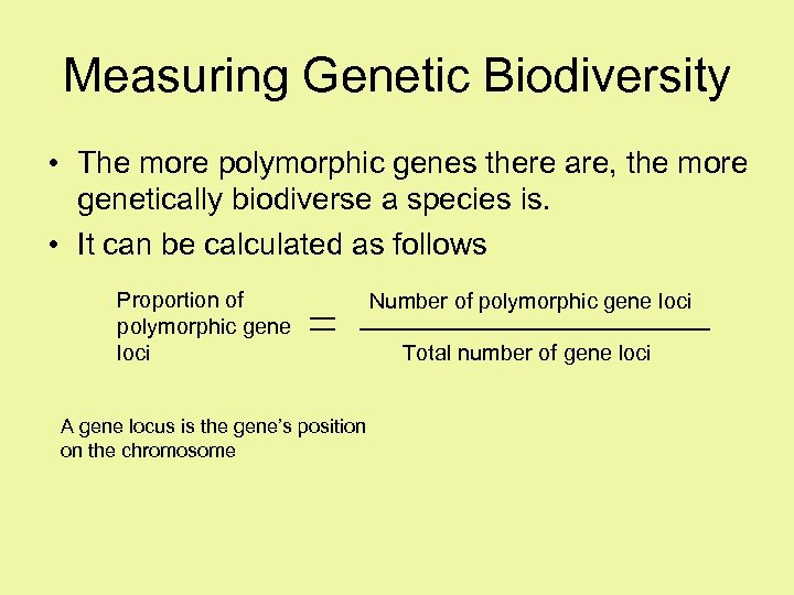 Measuring Genetic Biodiversity • The more polymorphic genes there are, the more genetically biodiverse