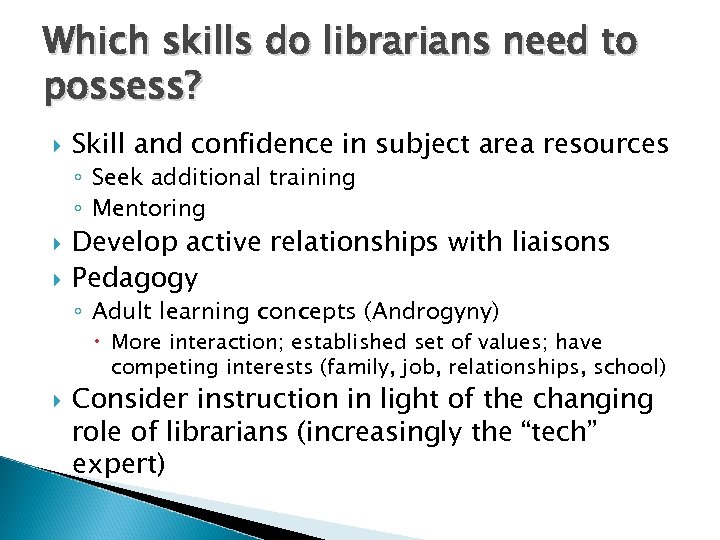 Which skills do librarians need to possess? Skill and confidence in subject area resources