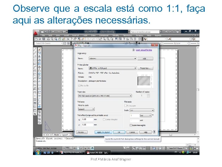Observe que a escala está como 1: 1, faça aqui as alterações necessárias. Prof.