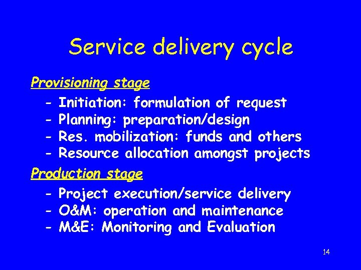 Service delivery cycle Provisioning stage - Initiation: formulation of request - Planning: preparation/design -