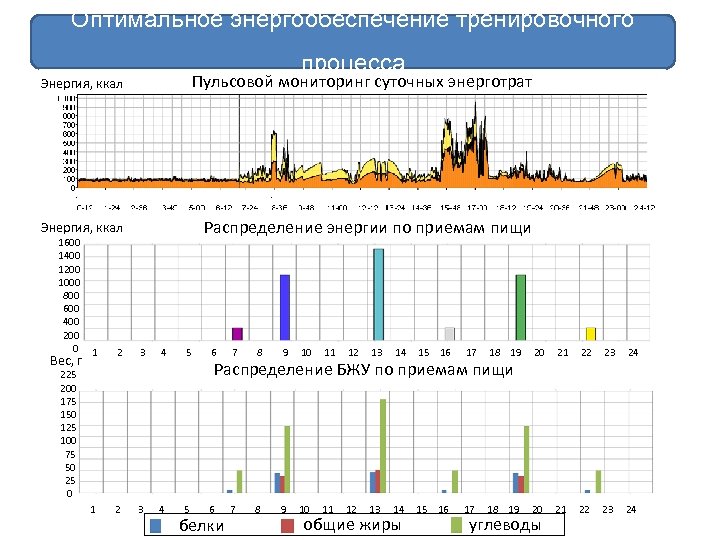 Оптимальное энергообеспечение тренировочного процесса Энергия, ккал Пульсовой мониторинг суточных энерготрат Энергия, ккал Распределение энергии