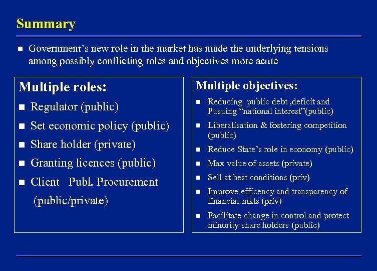 Summary n Government’s new role in the market has made the underlying tensions among