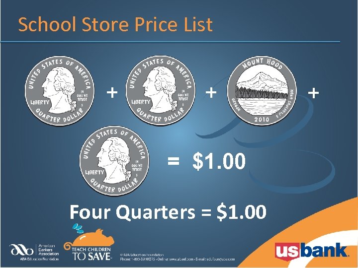 School Store Price List + + = $1. 00 Four Quarters = $1. 00
