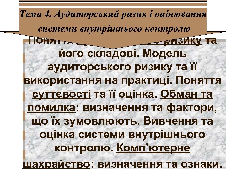Тема 4. Аудиторський ризик і оцінювання системи внутрішнього контролю Поняття аудиторського ризику та його