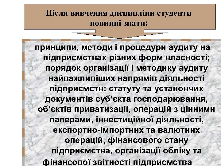 Після вивчення дисципліни студенти повинні знати: принципи, методи і процедури аудиту на підприємствах різних