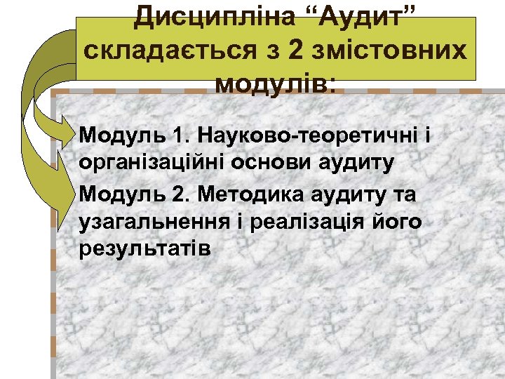 Дисципліна “Аудит” складається з 2 змістовних модулів: n Модуль 1. Науково-теоретичні і організаційні основи