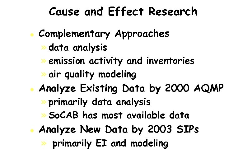 Cause and Effect Research l l l Complementary Approaches » data analysis » emission